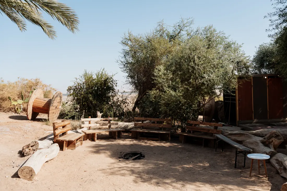 A fire corner ringed by wooden benches in the reeds